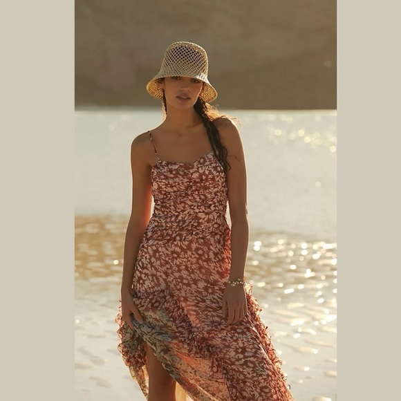 NWT Let Me Be Ruffled Midi Dress RED PINK FLORAL - SIZE M - Picture 4 of 5